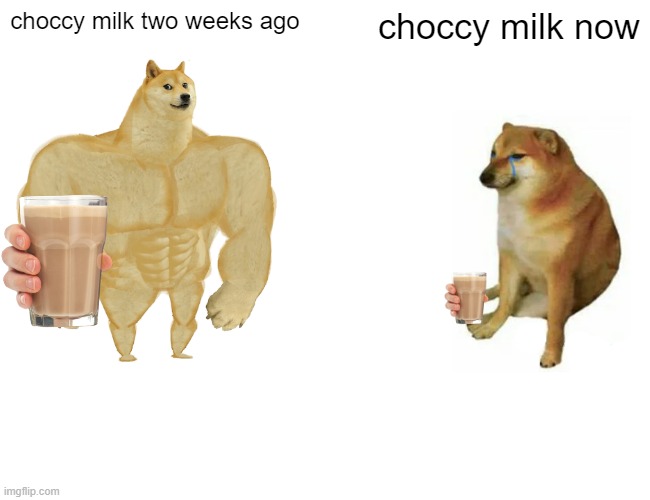 REEEE | choccy milk two weeks ago; choccy milk now | image tagged in memes,buff doge vs cheems | made w/ Imgflip meme maker