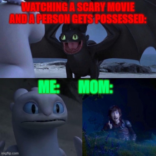 night fury | WATCHING A SCARY MOVIE AND A PERSON GETS POSSESSED:; ME:       MOM: | image tagged in night fury | made w/ Imgflip meme maker