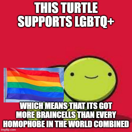 homophobes, try to take some notes from this turtle pls | THIS TURTLE SUPPORTS LGBTQ+; WHICH MEANS THAT ITS GOT MORE BRAINCELLS THAN EVERY HOMOPHOBE IN THE WORLD COMBINED | image tagged in happy turtle,memes,lgbtq | made w/ Imgflip meme maker