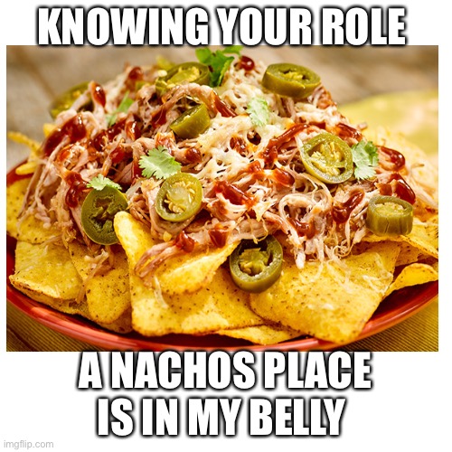 KNOWING YOUR ROLE; A NACHOS PLACE IS IN MY BELLY | image tagged in nachos,know your role,tasty,funny memes | made w/ Imgflip meme maker