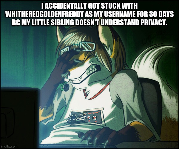 Just call me TacTheArticFurry from now on plz. | I ACCIDENTALLY GOT STUCK WITH WHITHEREDGOLDENFREDDY AS MY USERNAME FOR 30 DAYS BC MY LITTLE SIBLING DOESN'T UNDERSTAND PRIVACY. | image tagged in furry facepalm | made w/ Imgflip meme maker