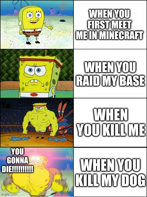 Sponge Finna Commit Muder | WHEN YOU FIRST MEET ME IN MINECRAFT; WHEN YOU RAID MY BASE; WHEN YOU KILL ME; YOU GONNA DIE!!!!!!!!!! WHEN YOU KILL MY DOG | image tagged in sponge finna commit muder | made w/ Imgflip meme maker