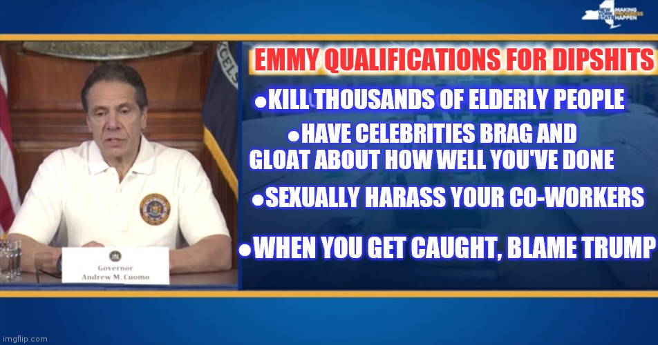 Emmy winner | EMMY QUALIFICATIONS FOR DIPSHITS; ●KILL THOUSANDS OF ELDERLY PEOPLE; ●HAVE CELEBRITIES BRAG AND GLOAT ABOUT HOW WELL YOU'VE DONE; ●SEXUALLY HARASS YOUR CO-WORKERS; ●WHEN YOU GET CAUGHT, BLAME TRUMP | image tagged in andrew cuomo you are wrong,emmys | made w/ Imgflip meme maker