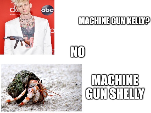 Machine Gun Shelly | MACHINE GUN KELLY? NO; MACHINE GUN SHELLY | image tagged in blank white template | made w/ Imgflip meme maker