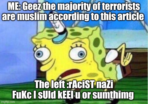 Mocking Spongebob Meme | ME: Geez the majority of terrorists are muslim according to this article; The left :rAciST naZi FuKc I sUld kEEl u or sumthimg | image tagged in memes,mocking spongebob | made w/ Imgflip meme maker