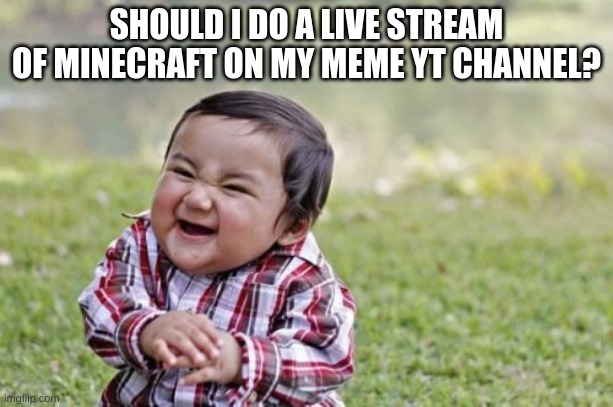 should I? | SHOULD I DO A LIVE STREAM OF MINECRAFT ON MY MEME YT CHANNEL? | image tagged in memes,evil toddler | made w/ Imgflip meme maker