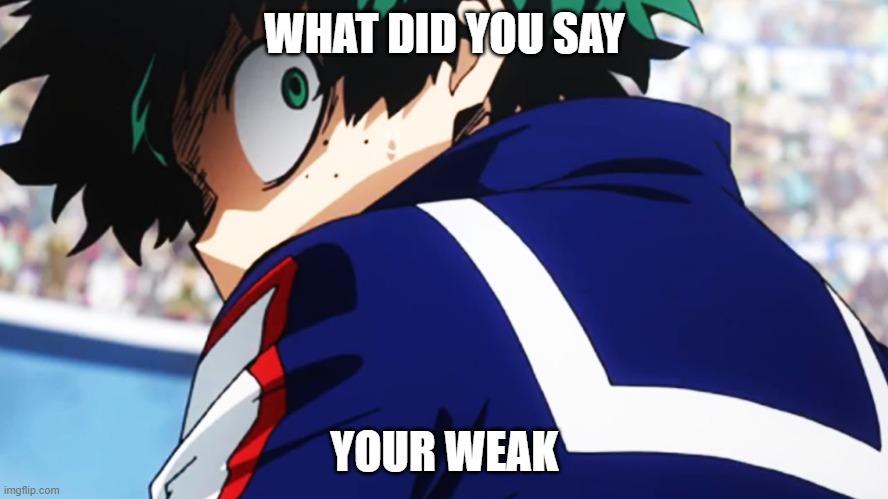 nani | WHAT DID YOU SAY; YOUR WEAK | image tagged in deku what you say | made w/ Imgflip meme maker