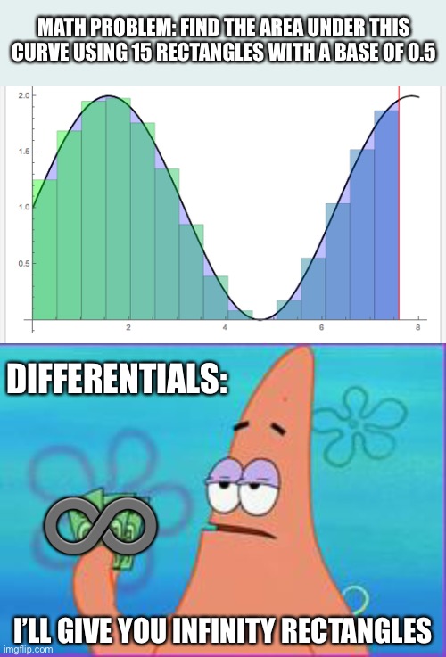 Is you know you know | MATH PROBLEM: FIND THE AREA UNDER THIS CURVE USING 15 RECTANGLES WITH A BASE OF 0.5; DIFFERENTIALS:; ♾; I’LL GIVE YOU INFINITY RECTANGLES | image tagged in patrick star three dollars | made w/ Imgflip meme maker