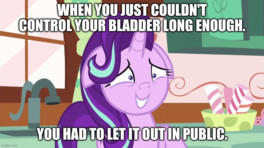 Embarrassed Starlight Glimmer | WHEN YOU JUST COULDN'T CONTROL YOUR BLADDER LONG ENOUGH. YOU HAD TO LET IT OUT IN PUBLIC. | image tagged in embarrassed starlight glimmer | made w/ Imgflip meme maker