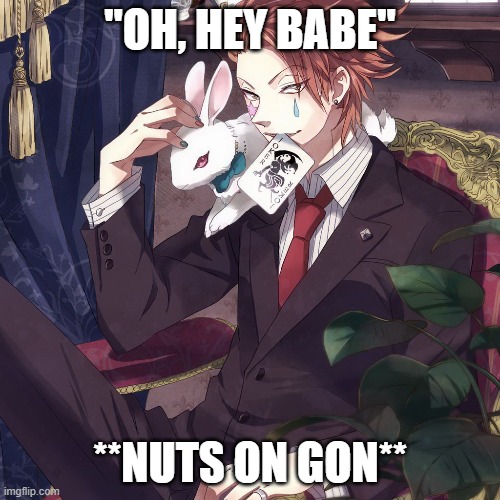 hisoka no. | "OH, HEY BABE"; **NUTS ON GON** | image tagged in hxh,hunter x hunter,haha | made w/ Imgflip meme maker