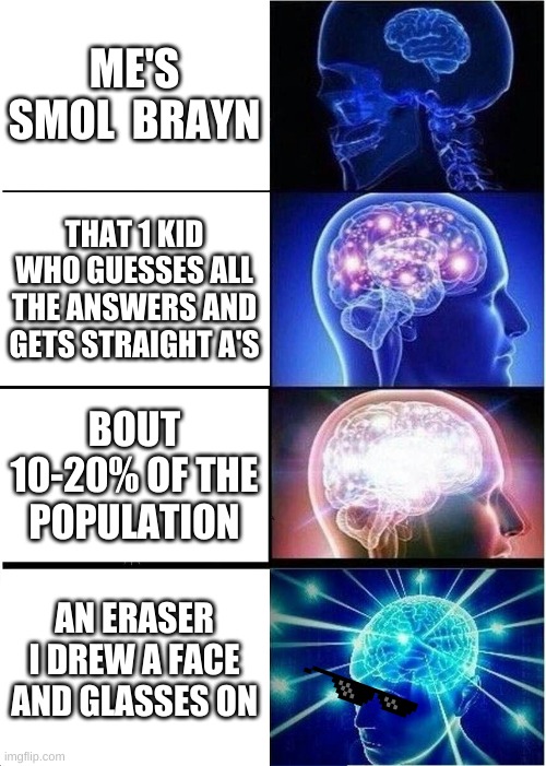 Expanding Brain | ME'S SMOL  BRAYN; THAT 1 KID WHO GUESSES ALL THE ANSWERS AND GETS STRAIGHT A'S; BOUT 10-20% OF THE POPULATION; AN ERASER I DREW A FACE AND GLASSES ON | image tagged in memes,expanding brain | made w/ Imgflip meme maker