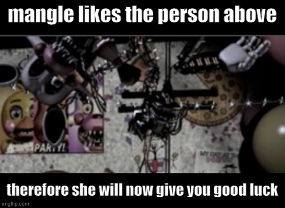 Mangle Likes you | mangle likes the person above; therefore she will now give you good luck | image tagged in fnaf,mangle,the post above | made w/ Imgflip meme maker