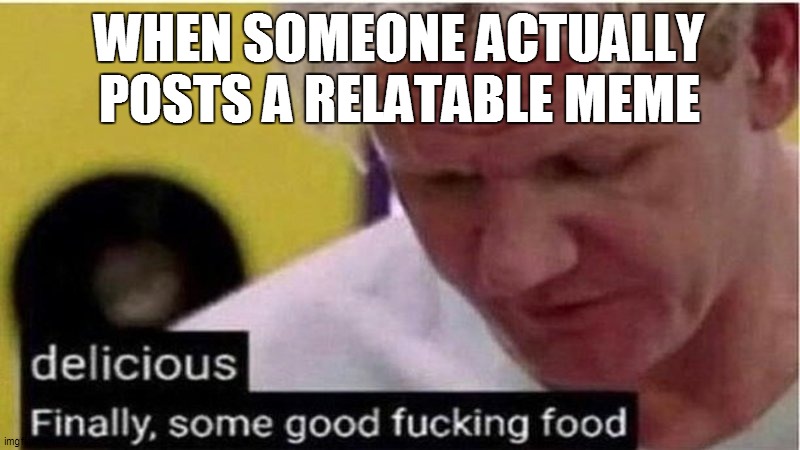 Gordon Ramsay some good food | WHEN SOMEONE ACTUALLY POSTS A RELATABLE MEME | image tagged in gordon ramsay some good food | made w/ Imgflip meme maker