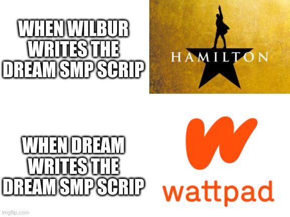 Dream SMP | WHEN WILBUR WRITES THE DREAM SMP SCRIP; WHEN DREAM WRITES THE DREAM SMP SCRIP | image tagged in blank white template | made w/ Imgflip meme maker