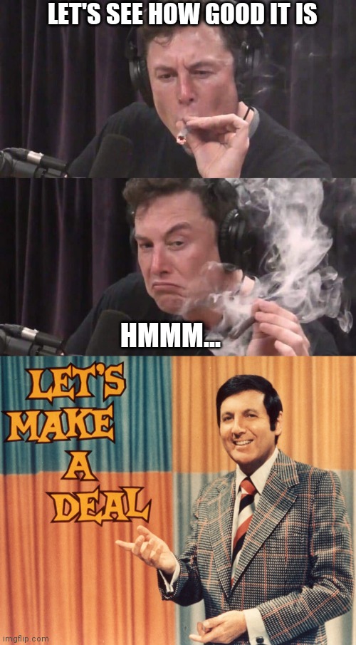 Elon meets a new dude | LET'S SEE HOW GOOD IT IS; HMMM... | image tagged in let's make a deal,elon musk | made w/ Imgflip meme maker