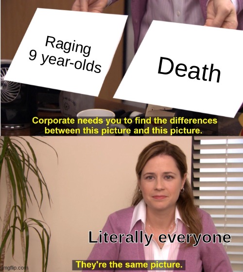 They're The Same Picture | Raging 9 year-olds; Death; Literally everyone | image tagged in memes,they're the same picture | made w/ Imgflip meme maker