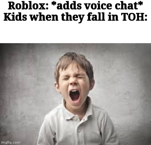 Imagine hearing little kids scream | Roblox: *adds voice chat*
Kids when they fall in TOH: | image tagged in screaming kid,kids,rage,roblox | made w/ Imgflip meme maker