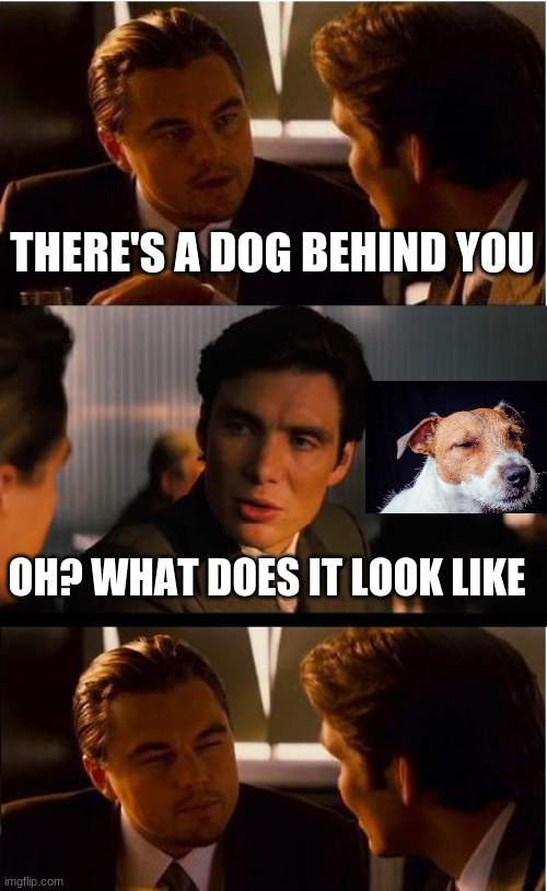 dog | THERE'S A DOG BEHIND YOU; OH? WHAT DOES IT LOOK LIKE | image tagged in memes,inception | made w/ Imgflip meme maker
