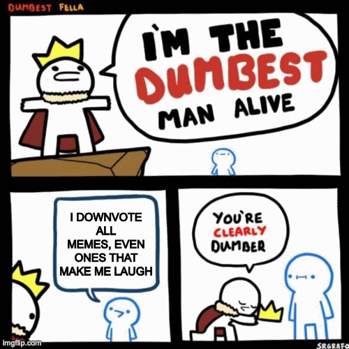 dumb dang doo doo | I DOWNVOTE ALL MEMES, EVEN ONES THAT MAKE ME LAUGH | image tagged in i'm the dumbest man alive,stupidity | made w/ Imgflip meme maker
