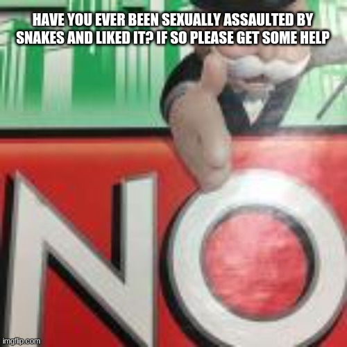 No | HAVE YOU EVER BEEN SEXUALLY ASSAULTED BY SNAKES AND LIKED IT? IF SO PLEASE GET SOME HELP | image tagged in no | made w/ Imgflip meme maker