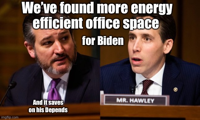 Cruz and Hawley | for Biden We’ve found more energy efficient office space And it saves on his Depends | image tagged in cruz and hawley | made w/ Imgflip meme maker