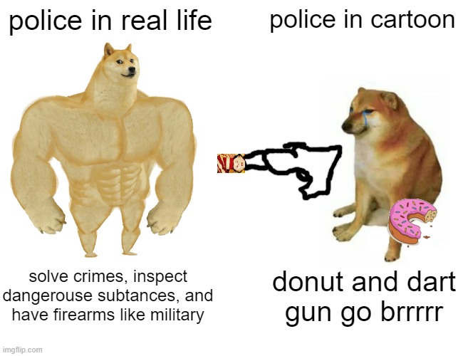 *fart noises intensify* | police in real life; police in cartoon; solve crimes, inspect dangerouse subtances, and have firearms like military; donut and dart gun go brrrrr | image tagged in memes,feces | made w/ Imgflip meme maker