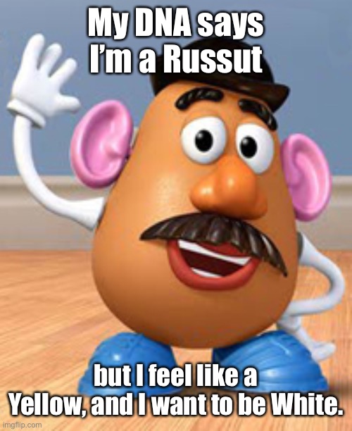 Potato head  | My DNA says I’m a Russut but I feel like a Yellow, and I want to be White. | image tagged in potato head | made w/ Imgflip meme maker