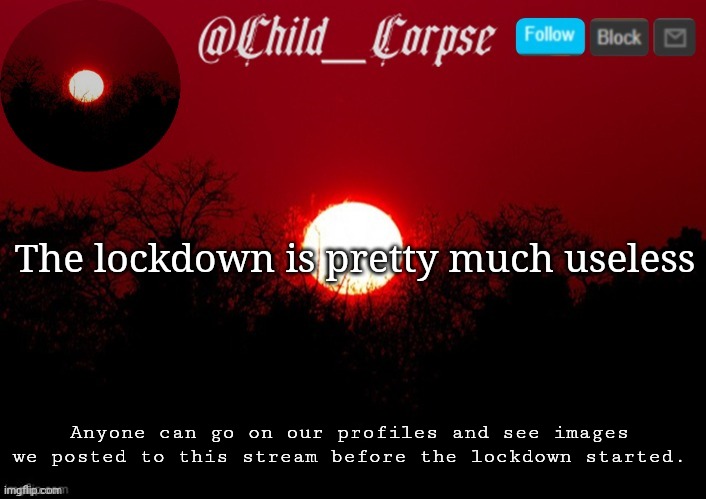 Child_Corpse announcement template | The lockdown is pretty much useless; Anyone can go on our profiles and see images we posted to this stream before the lockdown started. | image tagged in child_corpse announcement template | made w/ Imgflip meme maker