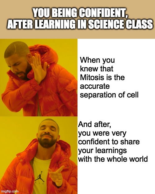 Drake Hotline Bling | YOU BEING CONFIDENT, AFTER LEARNING IN SCIENCE CLASS; When you knew that Mitosis is the accurate separation of cell; And after, you were very confident to share your learnings with the whole world | image tagged in memes,drake hotline bling | made w/ Imgflip meme maker