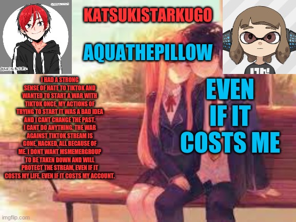 KatsukiStarkugoXAquathepillow | I HAD A STRONG SENSE OF HATE TO TIKTOK AND WANTED TO START A WAR WITH TIKTOK ONCE, MY ACTIONS OF TRYING TO START IT WAS A BAD IDEA AND I CANT CHANGE THE PAST. I CANT DO ANYTHING. THE WAR AGAINST TIKTOK STREAM IS GONE, HACKED, ALL BECAUSE OF ME. I DONT WANT MSMEMERGROUP TO BE TAKEN DOWN AND WILL PROTECT THE STREAM, EVEN IF IT COSTS MY LIFE, EVEN IF IT COSTS MY ACCOUNT. EVEN IF IT COSTS ME | image tagged in katsukistarkugoxaquathepillow | made w/ Imgflip meme maker