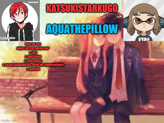 1 | WHO DO YOU WANT FOR THE DREAM SMP
1. TAPL
2. XNESTORIO
3. DONI BOBES
4. BAJAN CANADIAN(YES, FROM MC CHANPIONSHIP)
5. DANTDM | image tagged in katsukistarkugoxaquathepillow | made w/ Imgflip meme maker