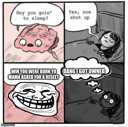 Brain Sleep Meme | WIN YOU WERE BORN YO MAMA ASKED FOR A RESEET; DANG I GOT OWNED | image tagged in brain sleep meme | made w/ Imgflip meme maker
