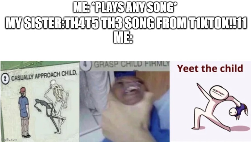 Casually Approach Child, Grasp Child Firmly, Yeet the Child | ME: *PLAYS ANY SONG*; MY SISTER:TH4T5 TH3 S0NG FR0M T1KT0K!!11; ME: | image tagged in casually approach child grasp child firmly yeet the child,tiktok,sister | made w/ Imgflip meme maker