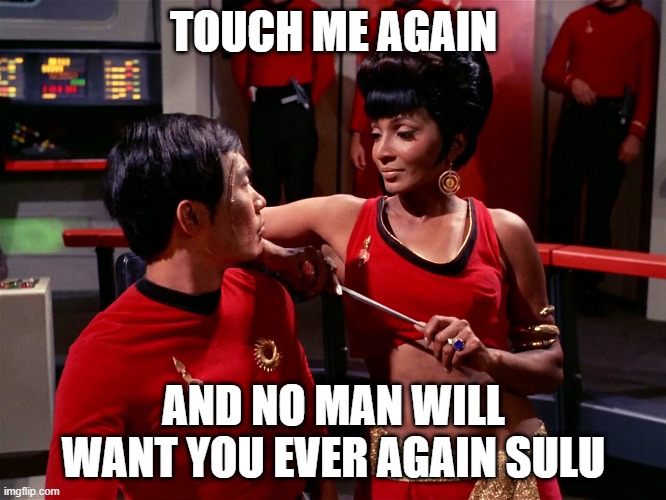 Slice Slice | TOUCH ME AGAIN; AND NO MAN WILL WANT YOU EVER AGAIN SULU | image tagged in star trek alternate uhura | made w/ Imgflip meme maker