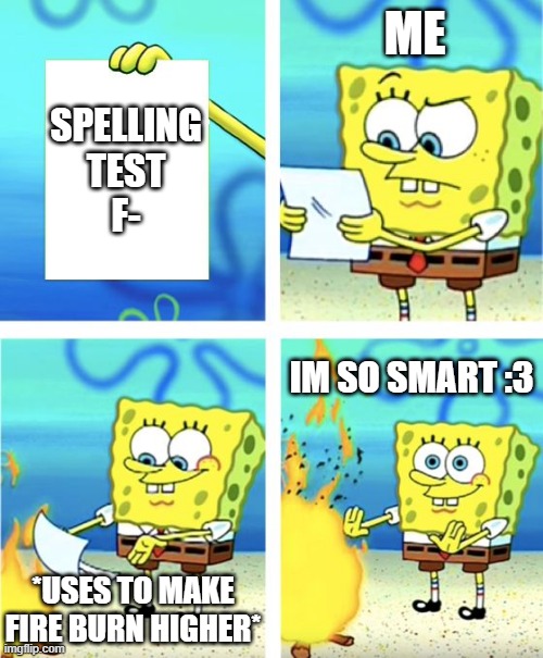 Spongebob Burning Paper | ME; SPELLING TEST
F-; IM SO SMART :3; *USES TO MAKE FIRE BURN HIGHER* | image tagged in spongebob burning paper | made w/ Imgflip meme maker