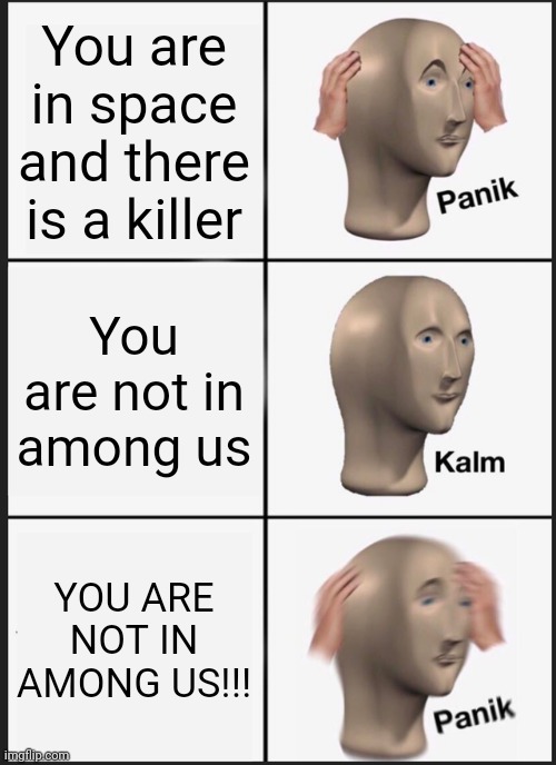 Kil | You are in space and there is a killer; You are not in among us; YOU ARE NOT IN AMONG US!!! | image tagged in memes,panik kalm panik | made w/ Imgflip meme maker