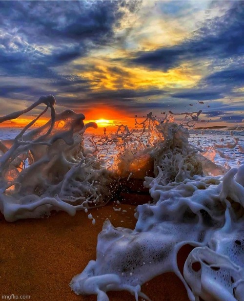 Splash! | image tagged in waves,sunset,beautiful nature | made w/ Imgflip meme maker