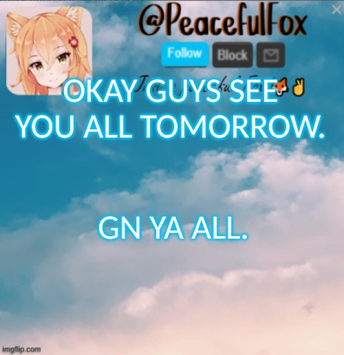 Gn | OKAY GUYS SEE YOU ALL TOMORROW. GN YA ALL. | image tagged in announcement | made w/ Imgflip meme maker