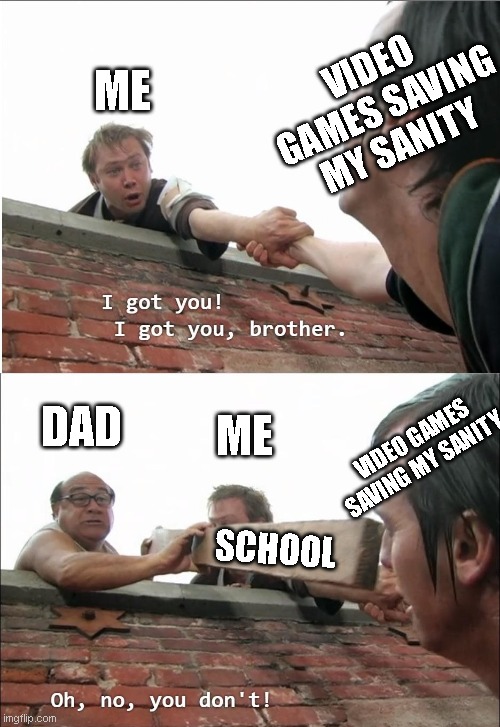 I got you brother | VIDEO GAMES SAVING MY SANITY; ME; ME; DAD; VIDEO GAMES SAVING MY SANITY; SCHOOL | image tagged in i got you brother | made w/ Imgflip meme maker