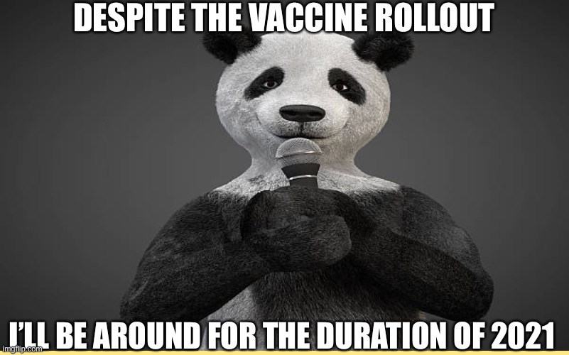 DESPITE THE VACCINE ROLLOUT; I’LL BE AROUND FOR THE DURATION OF 2021 | image tagged in pandemic,panda,pandamic | made w/ Imgflip meme maker