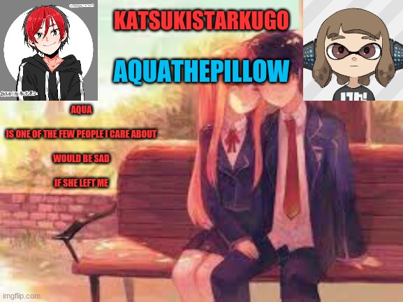KatsukiStarkugoXAquathepillow | AQUA
 
IS ONE OF THE FEW PEOPLE I CARE ABOUT
 
WOULD BE SAD
 
IF SHE LEFT ME | image tagged in katsukistarkugoxaquathepillow | made w/ Imgflip meme maker