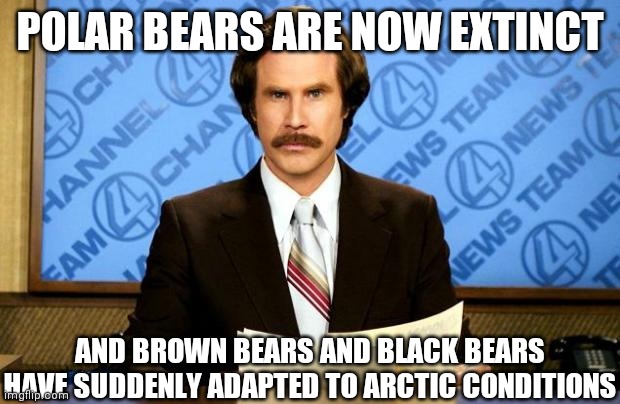 BREAKING NEWS | POLAR BEARS ARE NOW EXTINCT AND BROWN BEARS AND BLACK BEARS
HAVE SUDDENLY ADAPTED TO ARCTIC CONDITIONS | image tagged in breaking news | made w/ Imgflip meme maker