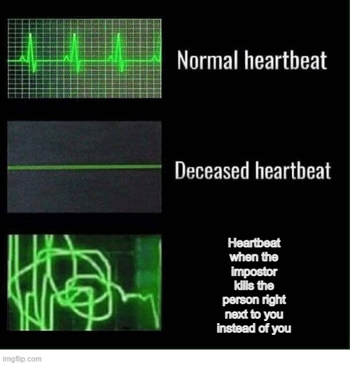 normal heartbeat deceased heartbeat | Heartbeat when the impostor kills the person right next to you instead of you | image tagged in normal heartbeat deceased heartbeat | made w/ Imgflip meme maker
