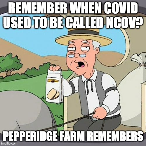 i feel old now | REMEMBER WHEN COVID USED TO BE CALLED NCOV? PEPPERIDGE FARM REMEMBERS | image tagged in memes,pepperidge farm remembers | made w/ Imgflip meme maker