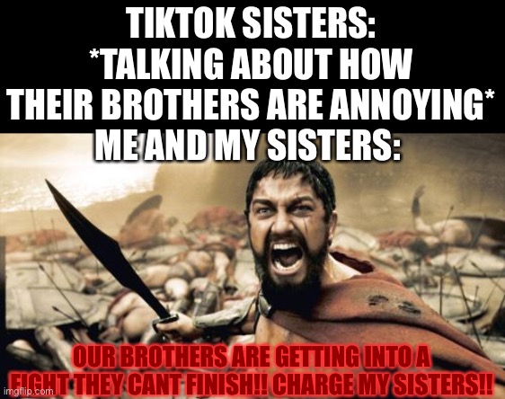 Our family is much more cooler | TIKTOK SISTERS: *TALKING ABOUT HOW THEIR BROTHERS ARE ANNOYING*
ME AND MY SISTERS:; OUR BROTHERS ARE GETTING INTO A FIGHT THEY CANT FINISH!! CHARGE MY SISTERS!! | image tagged in memes,sparta leonidas,sisters,tiktok sucks | made w/ Imgflip meme maker