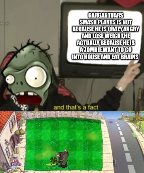  GARGANTUARS SMASH PLANTS IS NOT BECAUSE HE IS CRAZY,ANGRY AND LOSE WEIGHT,HE ACTUALLY BECAUSE HE IS A ZOMBIE,WANT TO GO INTO HOUSE AND EAT BRAINS | image tagged in and that's a fact,gargantuar,pvz,plants vs zombies,brain | made w/ Imgflip meme maker