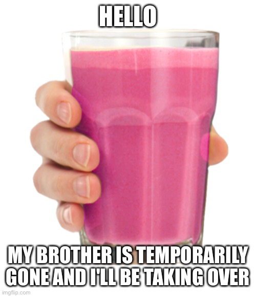I'd like you to meet choccy milk's sister | HELLO; MY BROTHER IS TEMPORARILY GONE AND I'LL BE TAKING OVER | image tagged in straby milk,strawberry,strawberry milk,choccy milk,sister | made w/ Imgflip meme maker