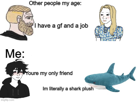 r | Other people my age:; I have a gf and a job; Me:; Youre my only friend; Im literally a shark plush | image tagged in shark | made w/ Imgflip meme maker
