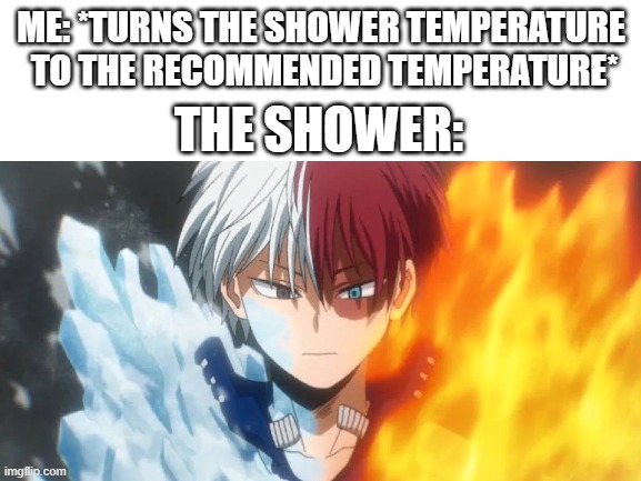ME: *TURNS THE SHOWER TEMPERATURE  TO THE RECOMMENDED TEMPERATURE*; THE SHOWER: | made w/ Imgflip meme maker