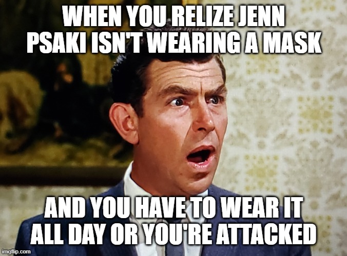 lol like legit for realsy | WHEN YOU RELIZE JENN PSAKI ISN'T WEARING A MASK; AND YOU HAVE TO WEAR IT ALL DAY OR YOU'RE ATTACKED | image tagged in andy griffith | made w/ Imgflip meme maker